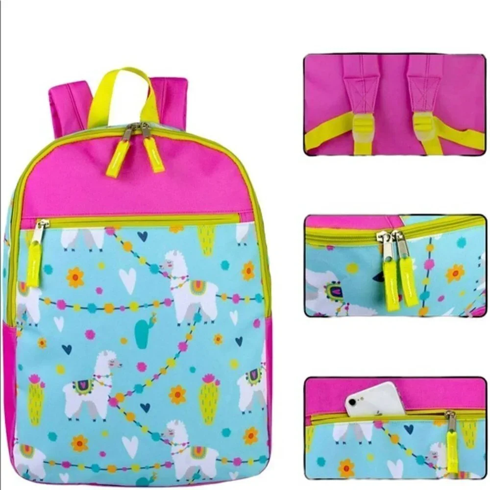 Trailmaker LLAMA Print Backpack Kids Girls Adjustable  Padded  Straps  Pink Blue